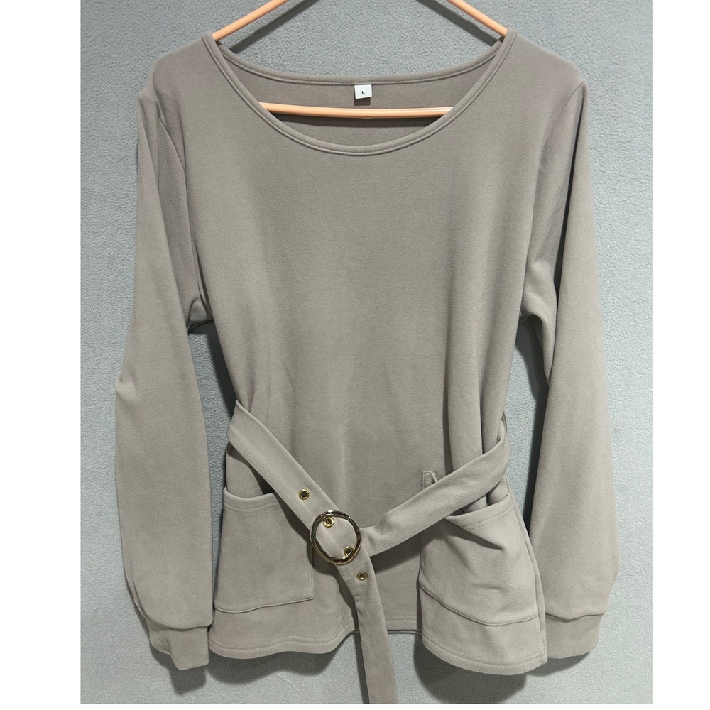 Belted Long Sleeve Tunic Top Women Large Oatmeal Gold Buckle Pockets Neutral